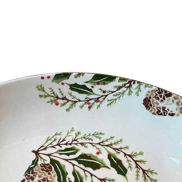 Papart Handpainted Turkish Serving Bowl 14x9 Ceramic Holiday Pinecone Holly NEW - Picture 3 of 15